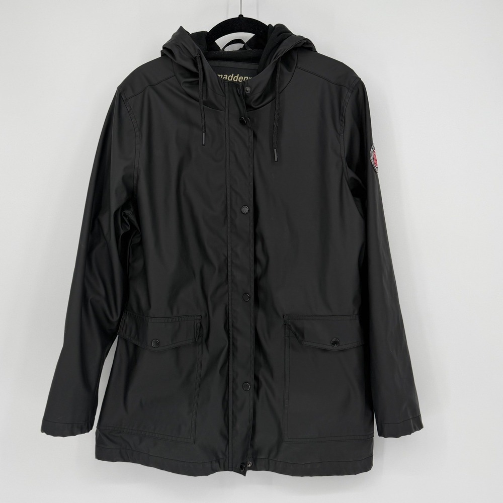 Madden NYC Womens Black Hooded Rain Jacket Water Resistant Coat Size Medium